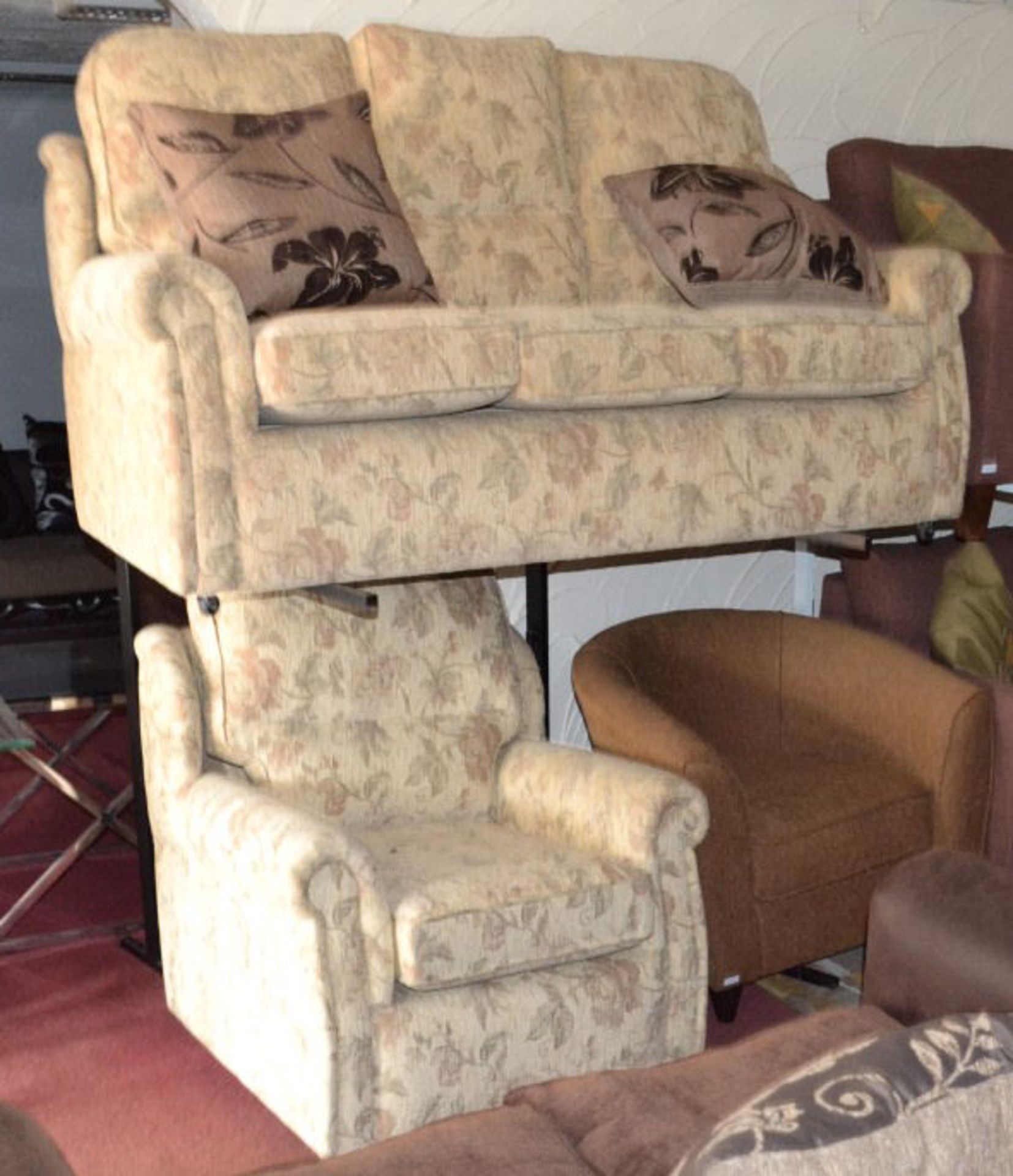 3 Seater Floral Pattern Fabric Sofa And Armchair Set In Cream. - Image 2 of 6
