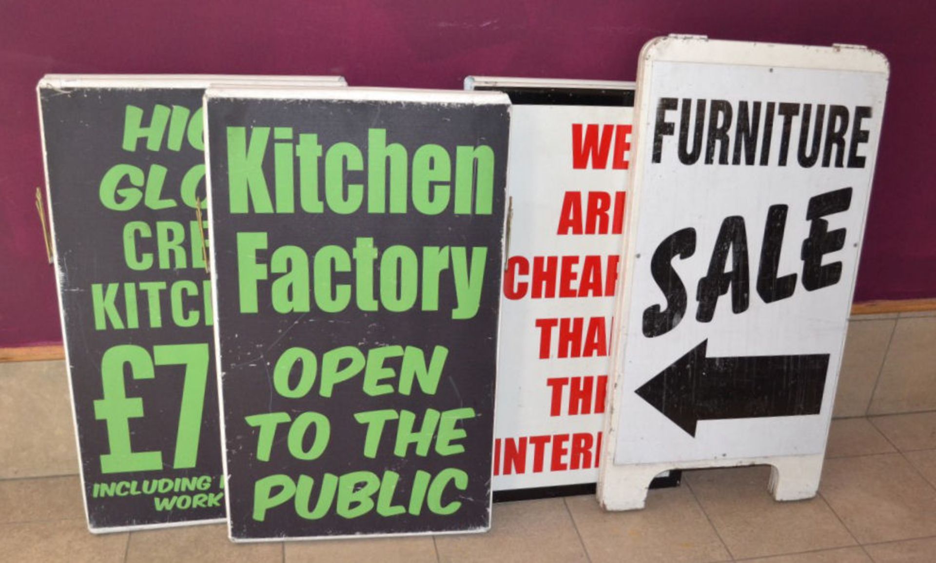 Set Of 4 Advertising A-Boards. 3 Metal, One Wooden. Metal Ones Are 92cm Tall And 54cm Wide.