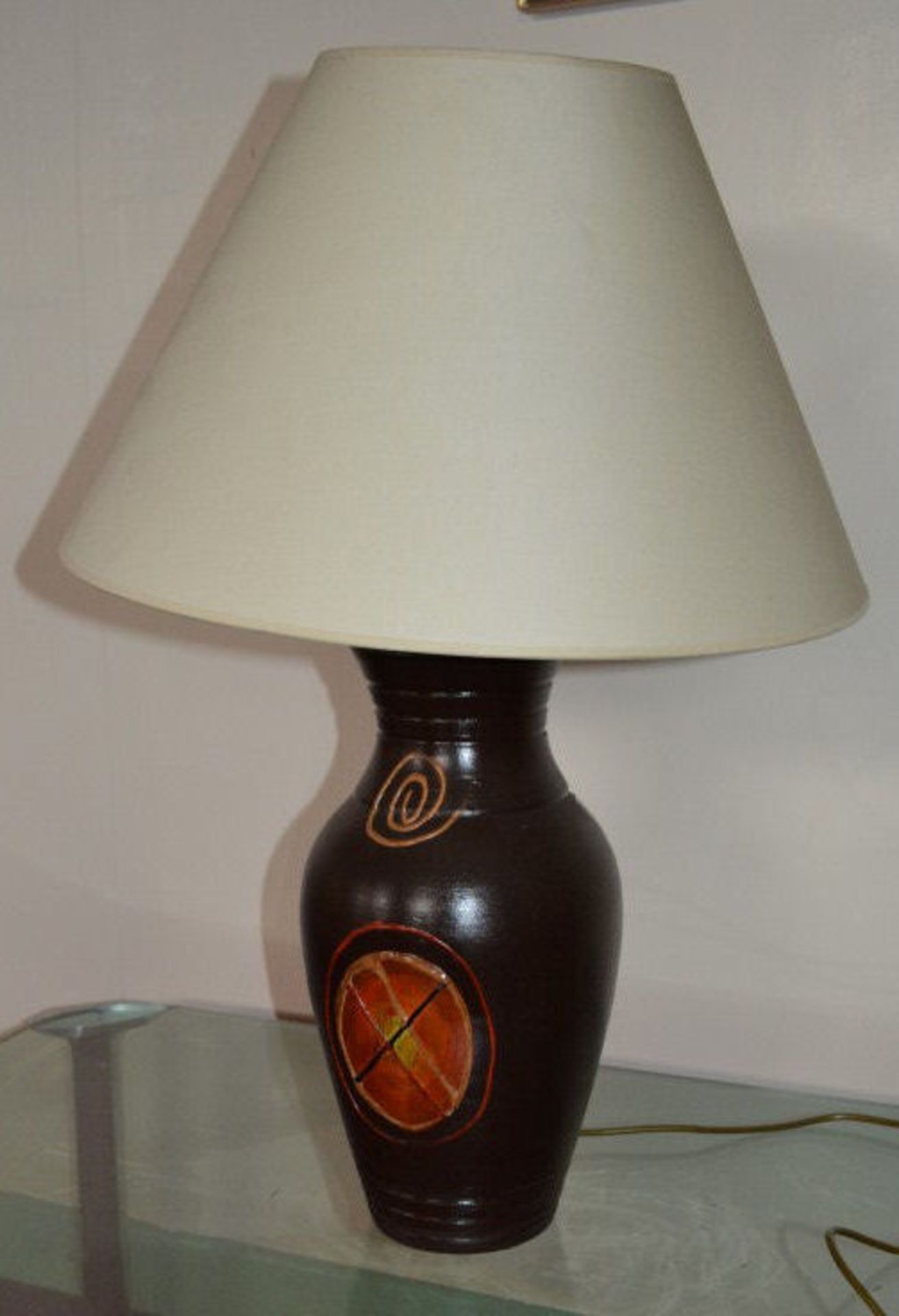 1 x Dark Brown Lamp With Cream Lampshade. Height 74cm To Top Of Lampshade. Lampshade Is 30cm Tall.