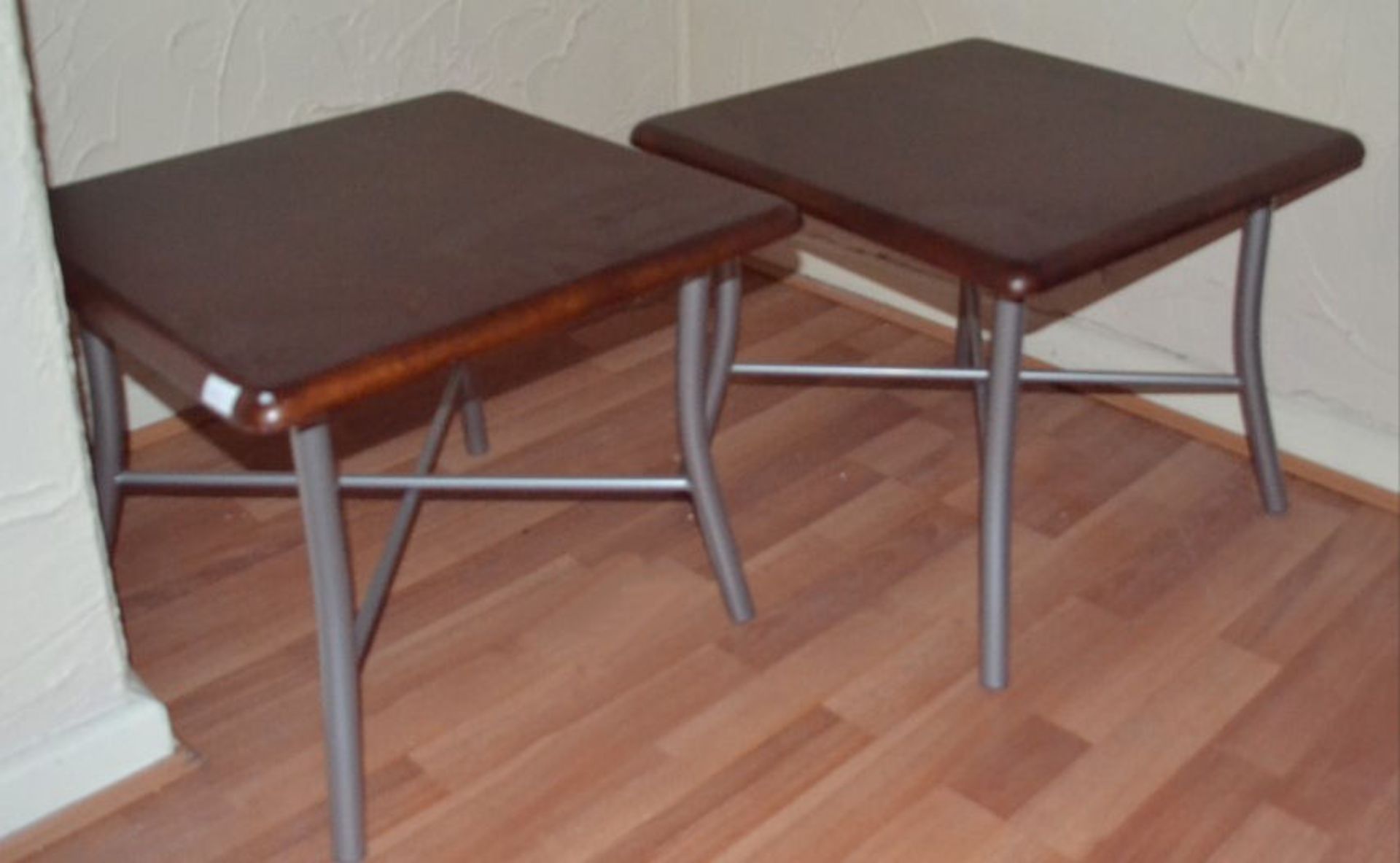 2 Small Square Dark Wood Occasional Tables with Silver Legs - Image 3 of 3