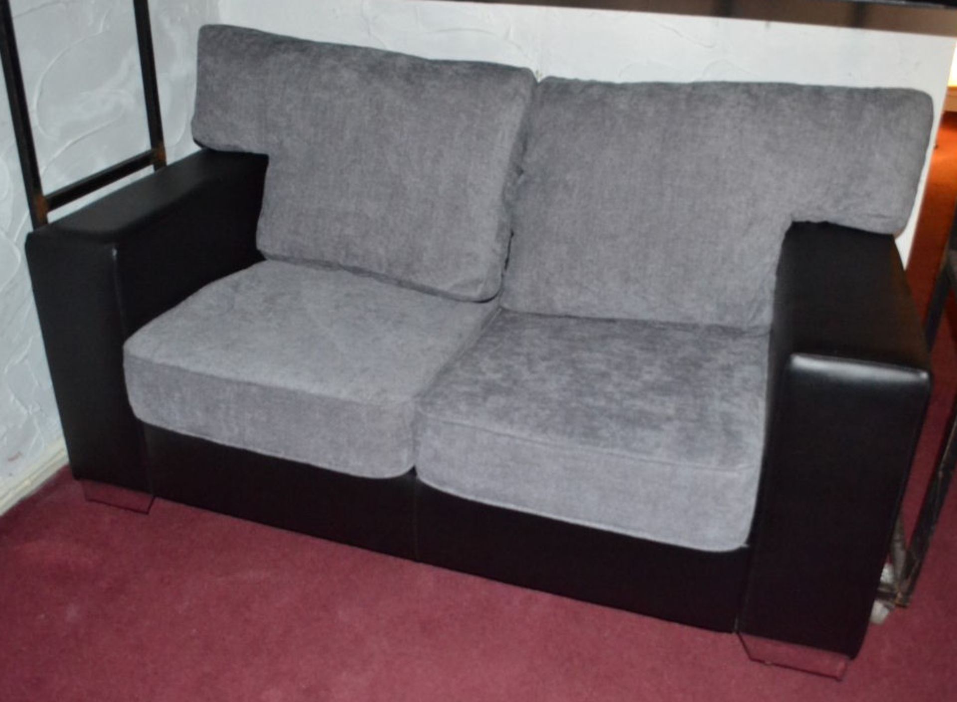 1 x 2-Seater Sofa In Black Faux Leather With Grey Fabric Cushions - Image 3 of 4