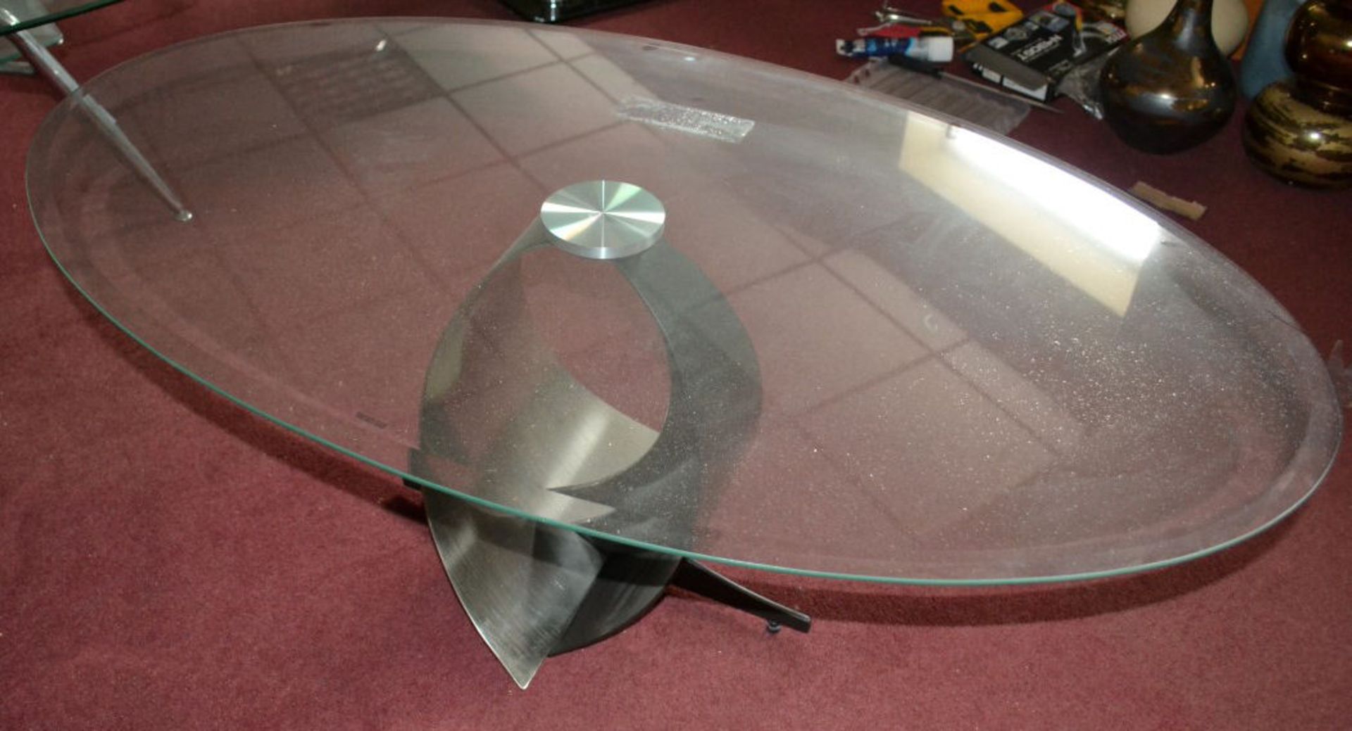 1 x Glass Coffee Table. Metal Leg. Glass Top Has Bevelled Edge. 122cm Long. Width 71cm. Height 46cm - Image 2 of 2