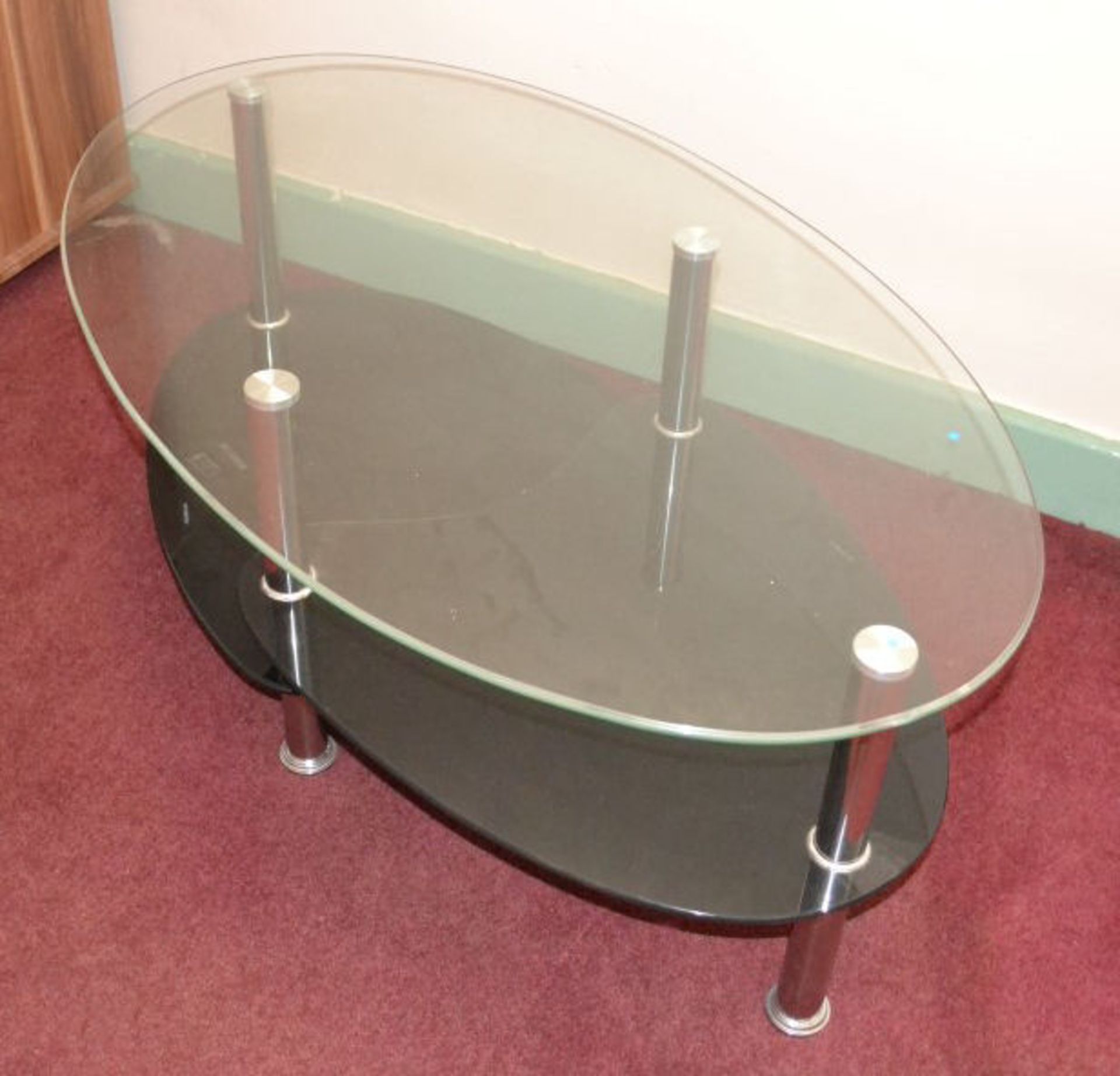1 x Contemporary Oval Glass and Stainless Steel Coffee Table With 2 Tiered Shelves - Image 2 of 4