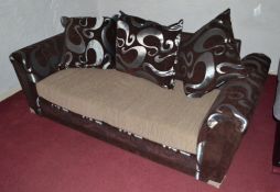 1 x Chocolate Brown And Silver Fabric 2-Seater Sofa with Sandy Tan Seat Cushions