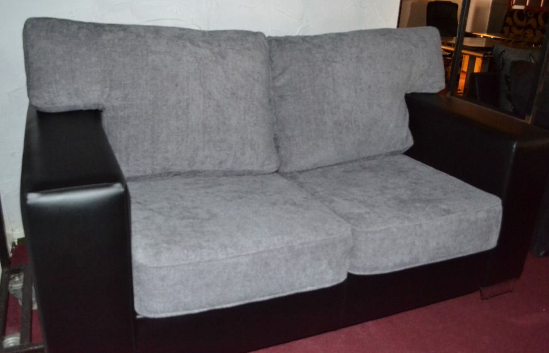 1 x 2-Seater Sofa In Black Faux Leather With Grey Fabric Cushions - Image 2 of 4