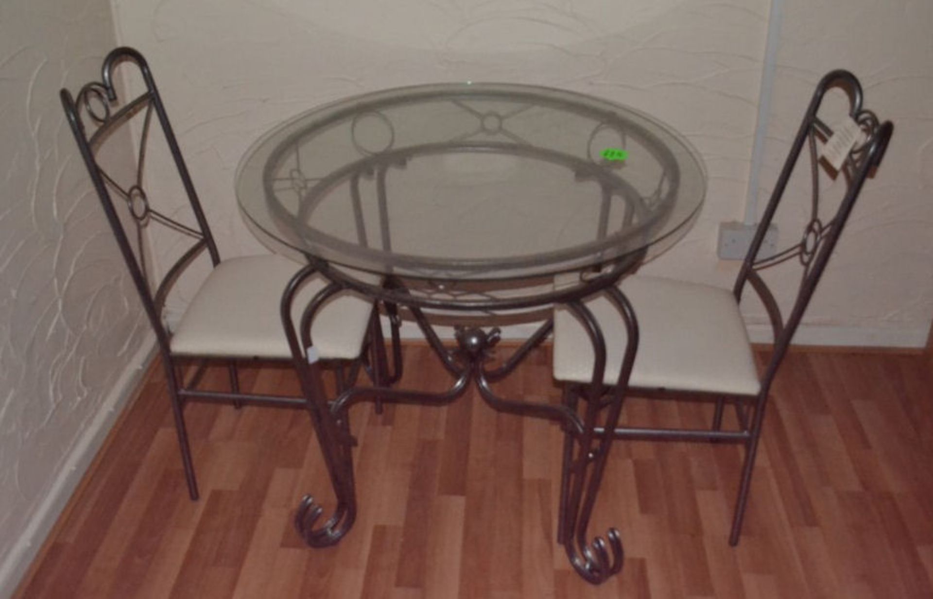 1 x Round Glass Topped Table With 2 Chairs. Beaten Metal Frame. - Image 3 of 5