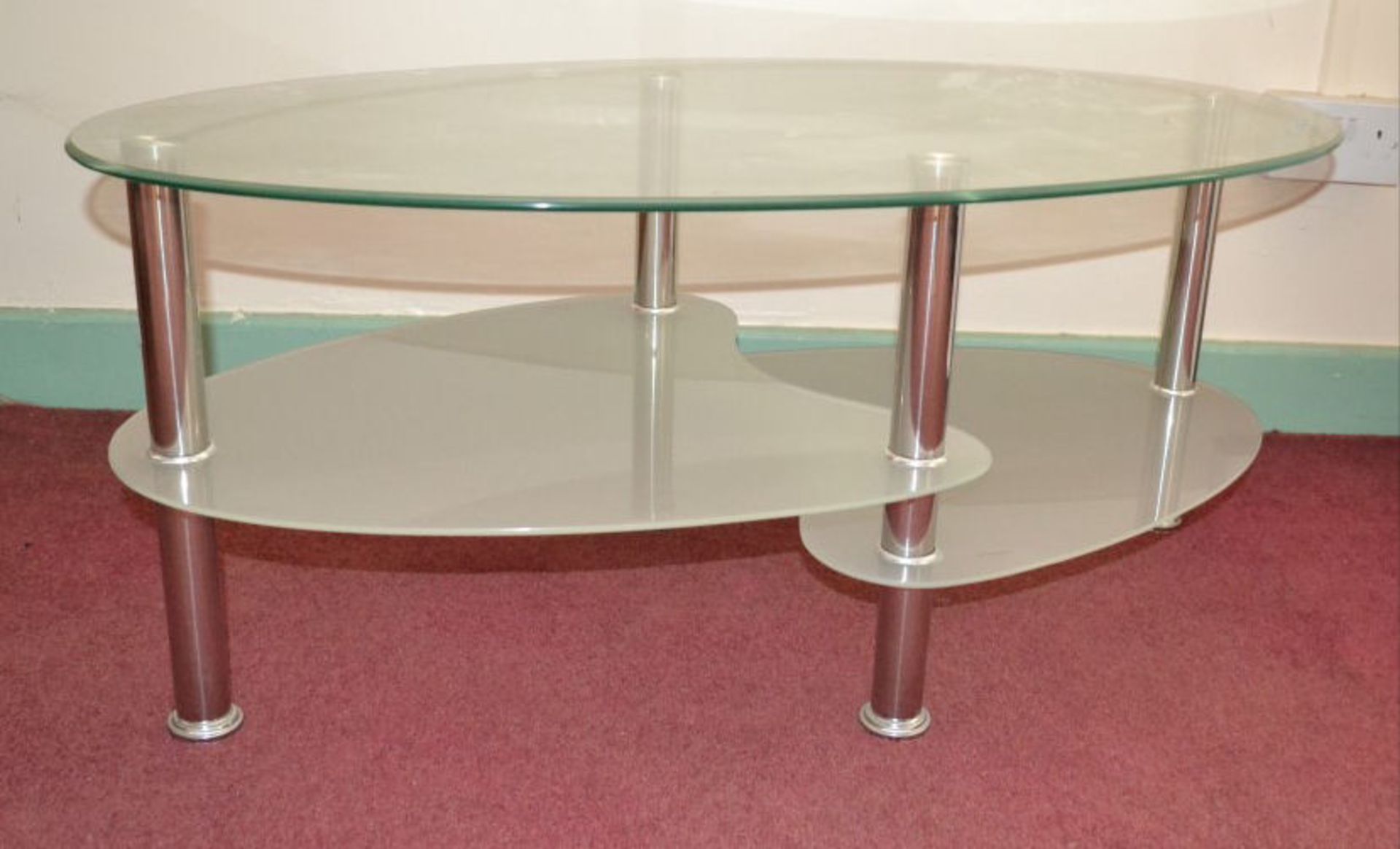 1 x Contemporary Glass and Stainless Steel Oval Coffee Table With 2 Tiered Shelves - Image 2 of 5