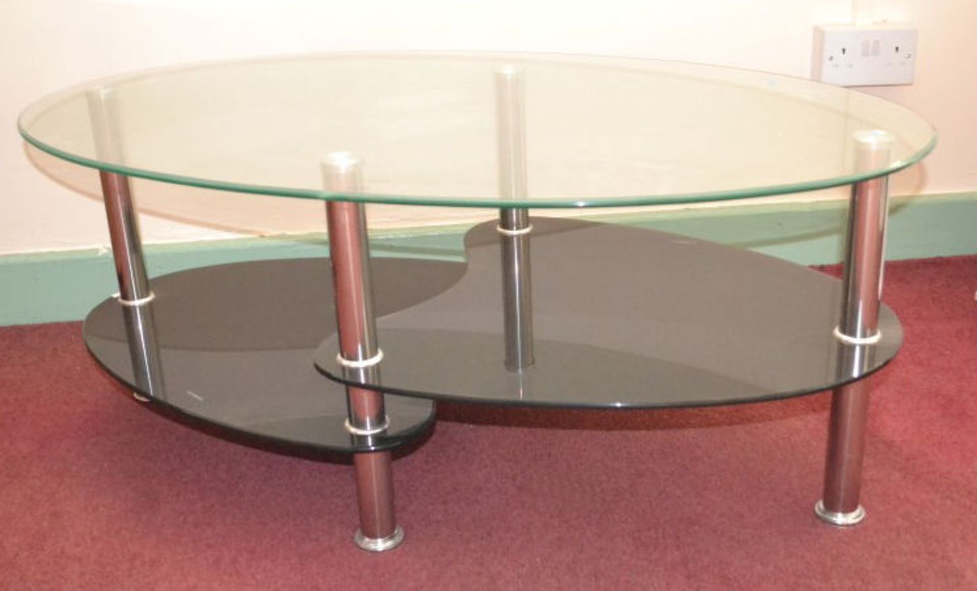 1 x Contemporary Oval Glass and Stainless Steel Coffee Table With 2 Tiered Shelves