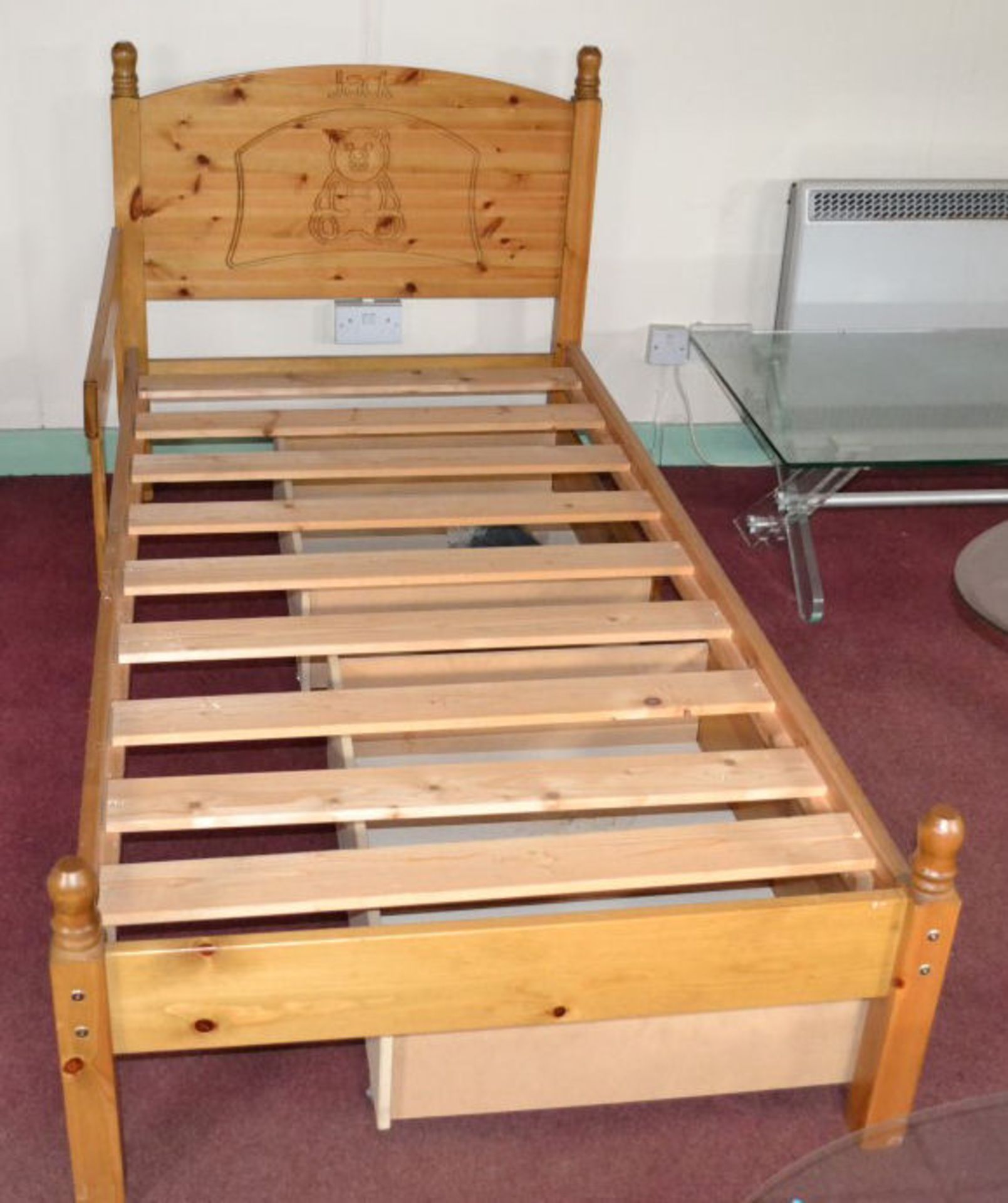 1 x Childs Pine Bed with Teddy Bear Logo And Name Jack On Headboard - Image 2 of 6