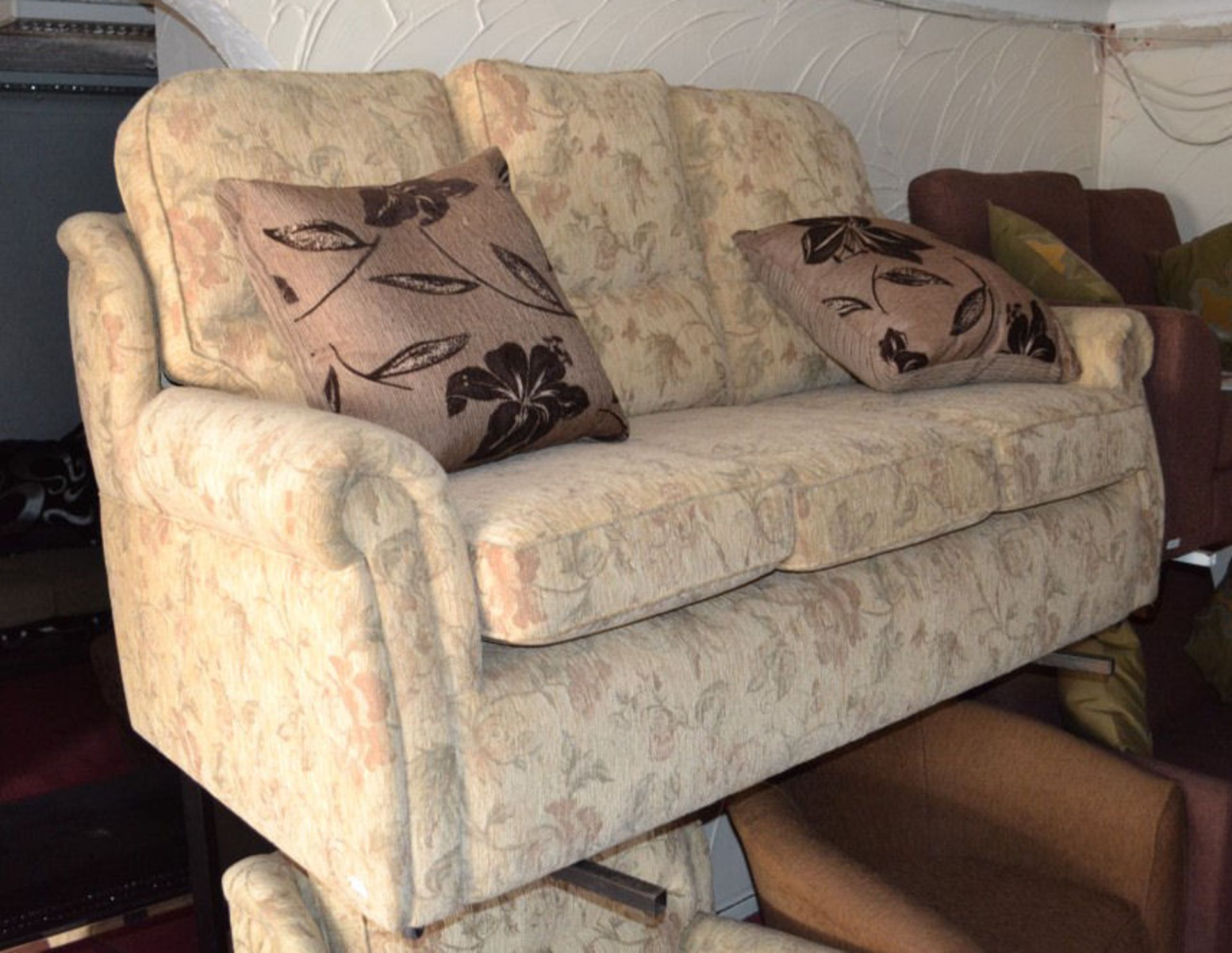 3 Seater Floral Pattern Fabric Sofa And Armchair Set In Cream. - Image 4 of 6