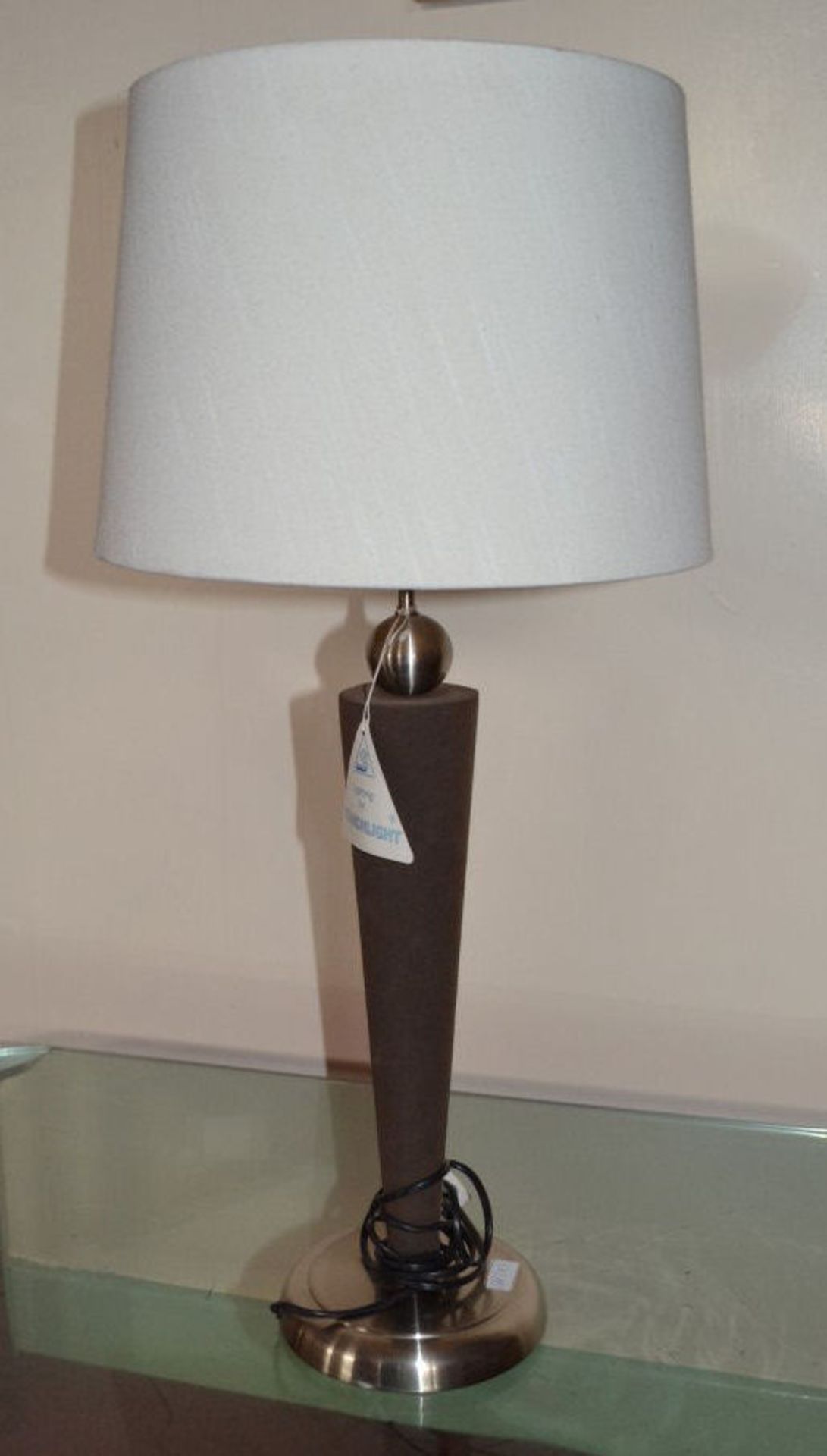 1 x Lamp - Brown Leather Look. With Round Shade. Original Retail £65. Height 71.5cm - CL108