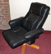 1 x Luxurious Black Faux Leather Recliner Swivel Chair With Wooden Legs