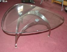 1 x Modern Triangular Glass Coffee Table with Satin Nickel Legs