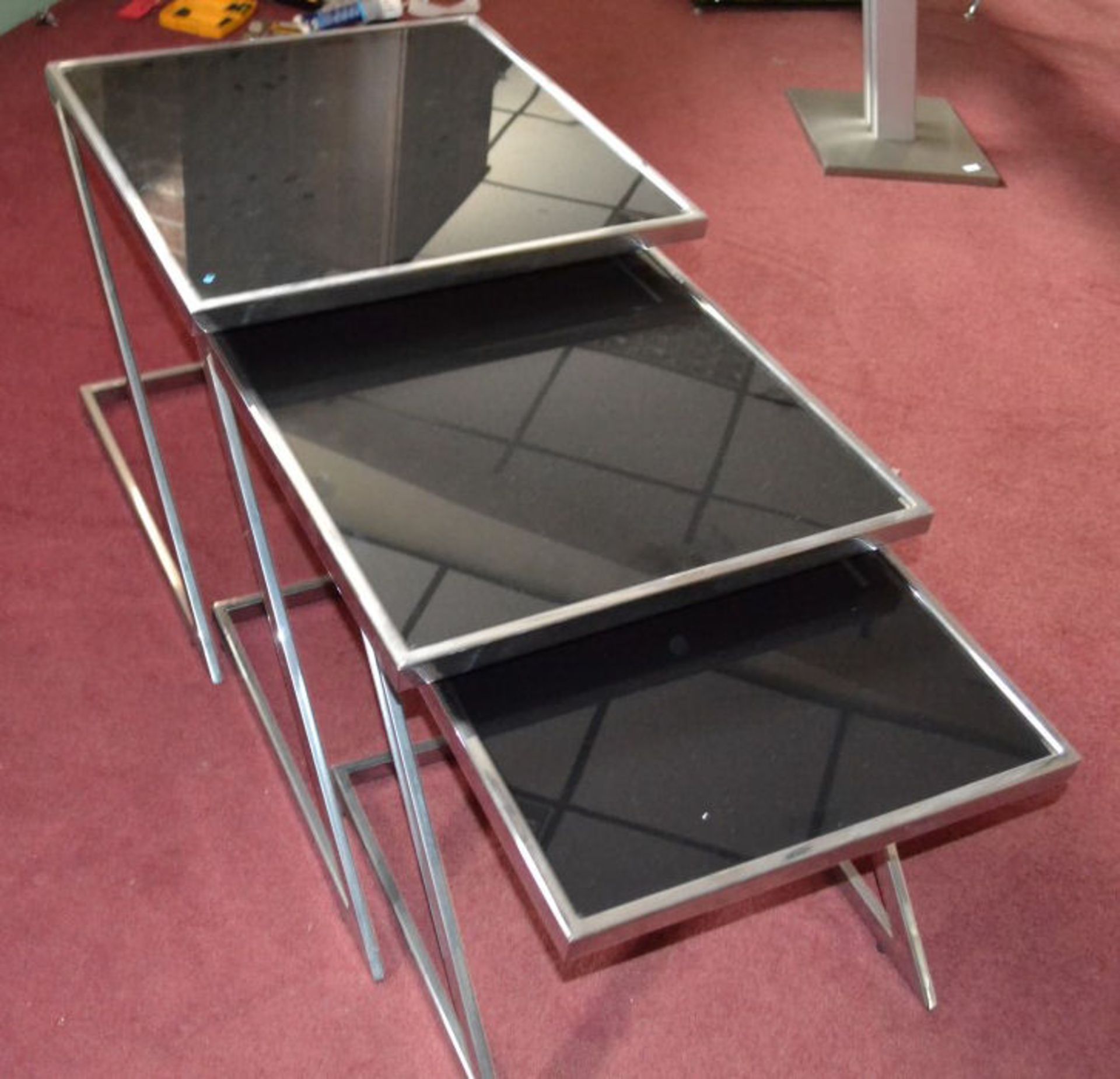 1 x Set Of 3 Z-Shape Nesting Side Tables with Black Glass Tops - Image 2 of 3