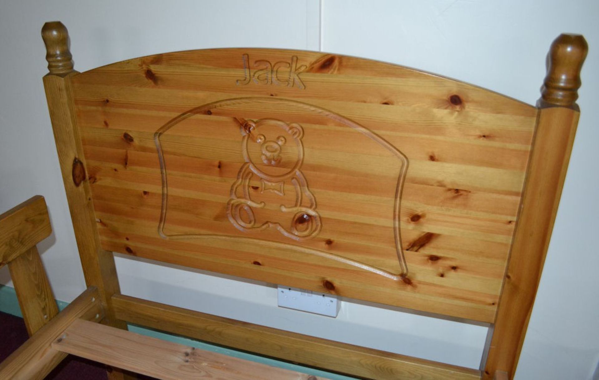 1 x Childs Pine Bed with Teddy Bear Logo And Name Jack On Headboard - Image 4 of 6