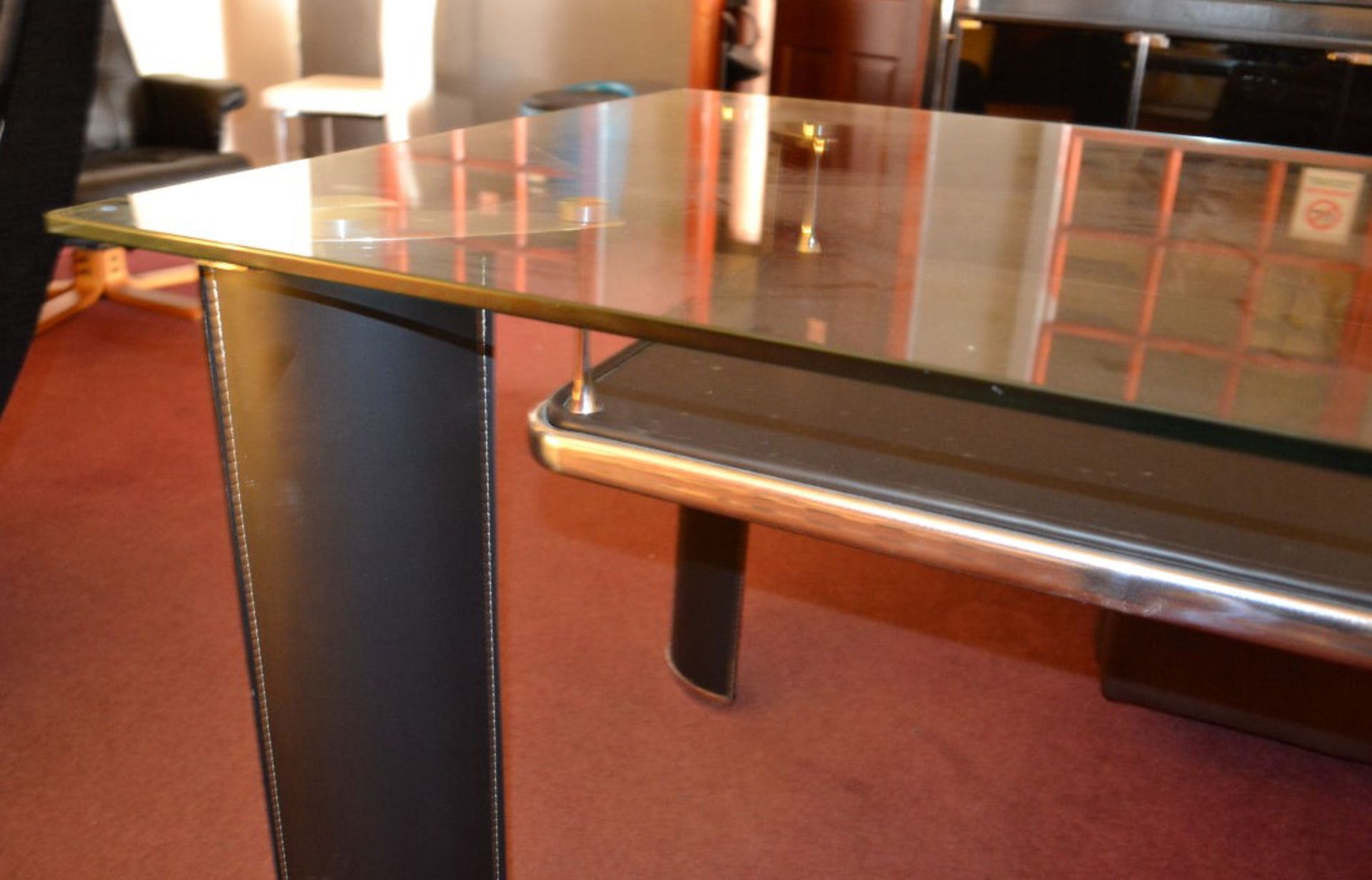 1 x Modern Glass Top Dining Table With Black Leather Legs - Image 6 of 7