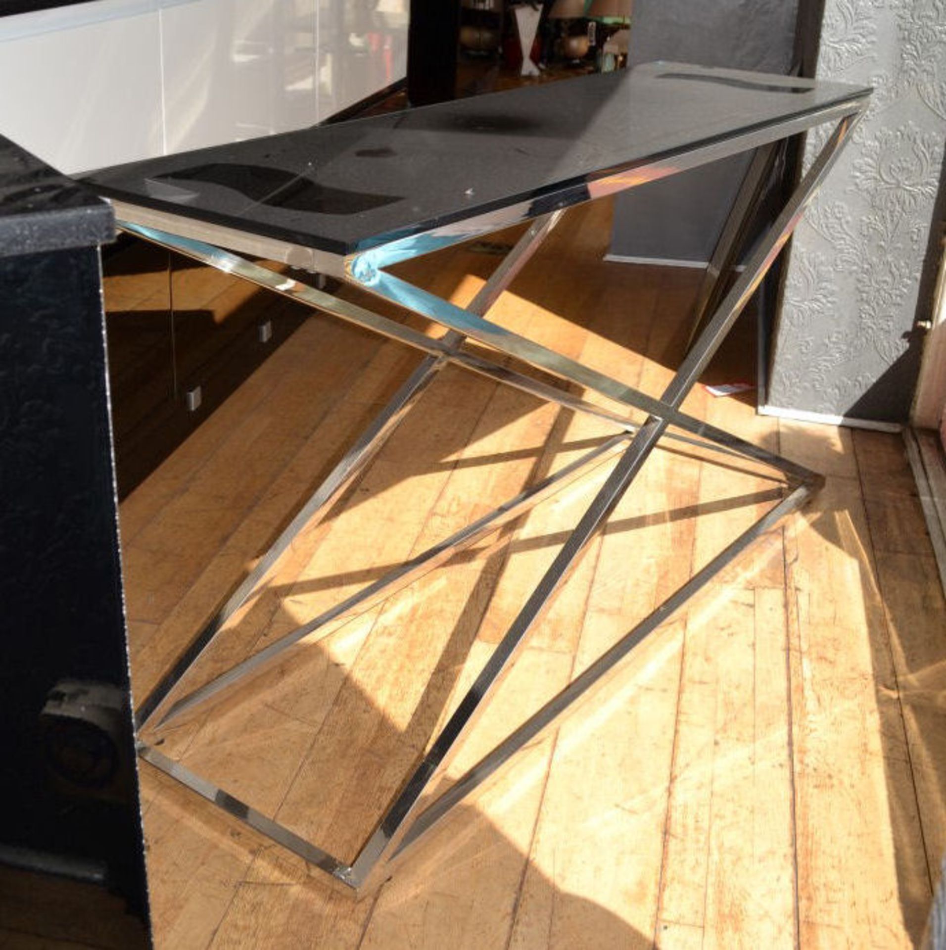 1 x Black Glass Topped Table With Silver Legs. 130X40.5cm. 74.5cm Tall. - CL108 - Image 2 of 3