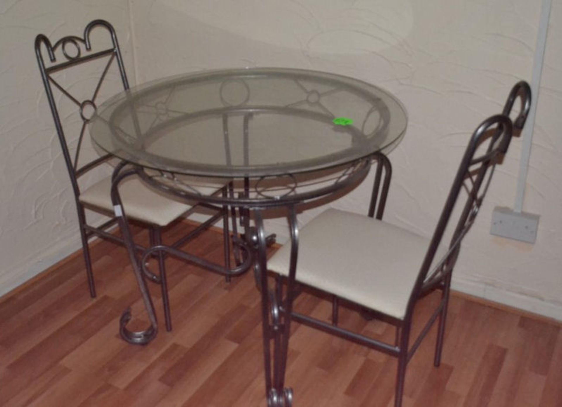 1 x Round Glass Topped Table With 2 Chairs. Beaten Metal Frame. - Image 2 of 5