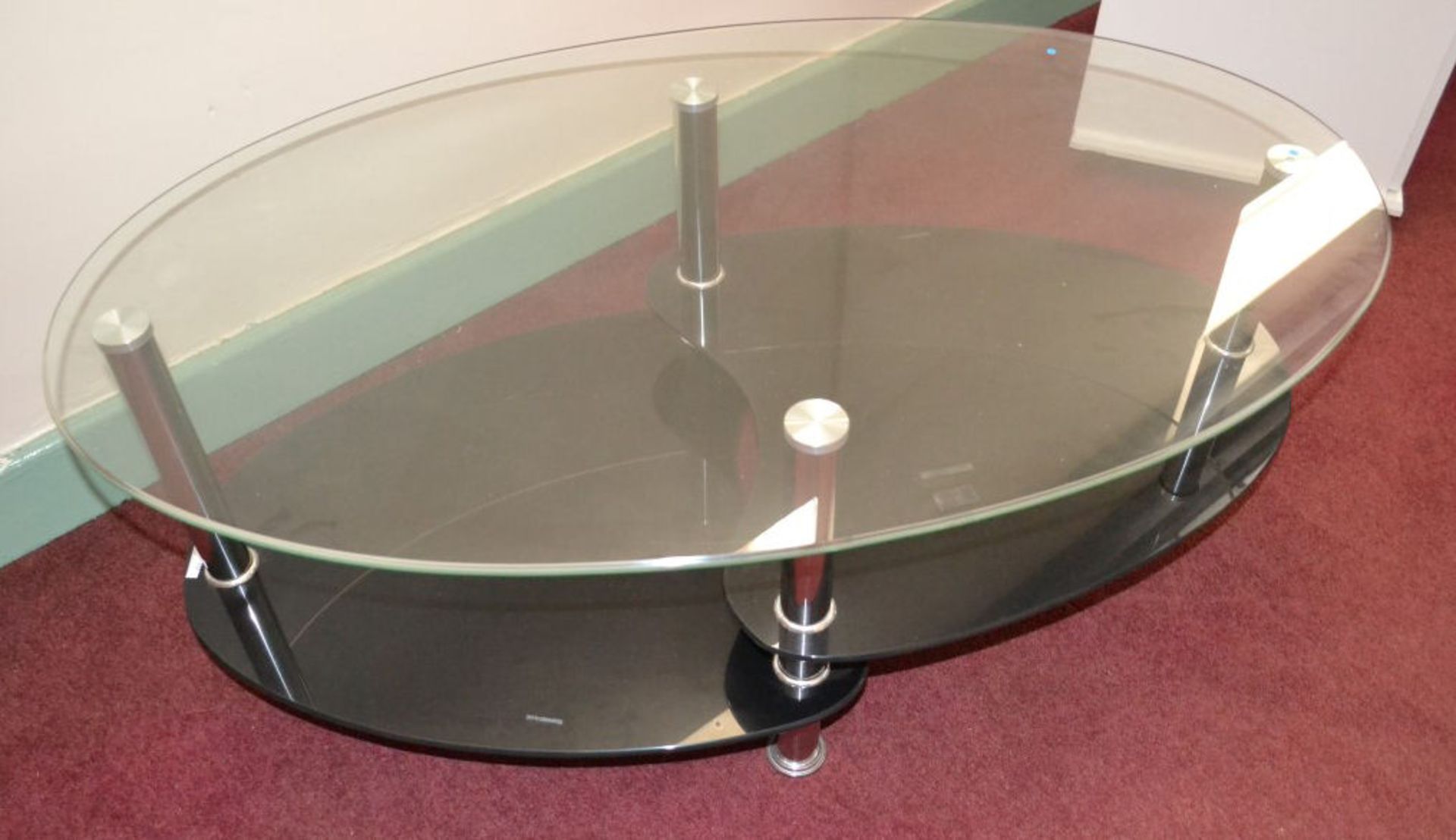 1 x Contemporary Oval Glass and Stainless Steel Coffee Table With 2 Tiered Shelves - Image 4 of 4