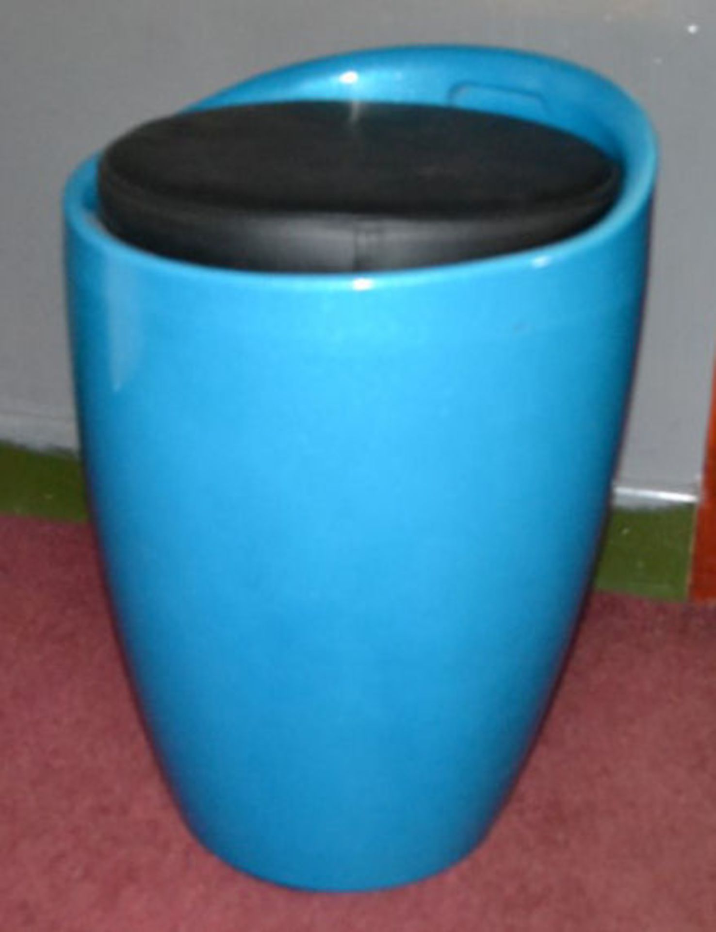 1 x Blue Ottoman Storage Stool with Black Faux Leather Seat - Image 2 of 3