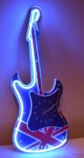 1 x Illuminated Neon Britpop Union Jack Guitar Shaped Clock - Preowned In Good Working Condition -