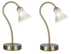 2 x Modern Antique Brass and Decorative Glass Bedside Table Lamps - Unused With Bulbs - Pair of -