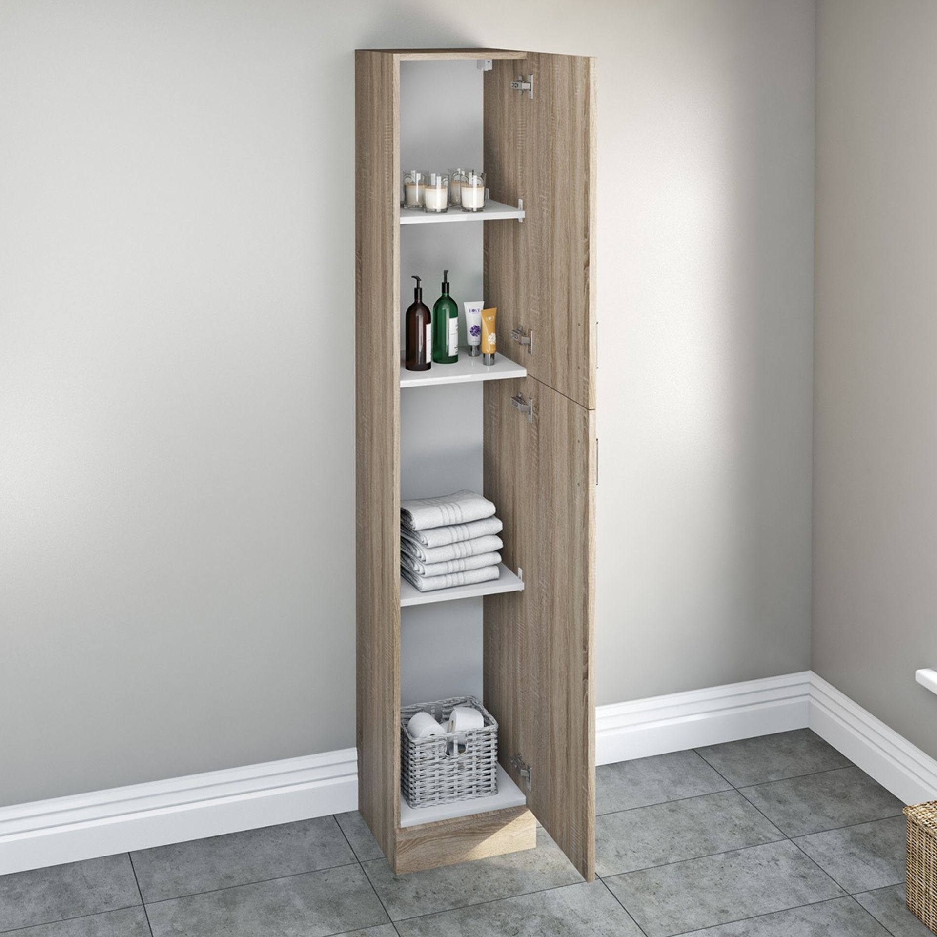 1 x Sienna Oak 300mm Tall Bathroom Storage Unit - Unused Stock - CL190 - Ref BR065- Location: Bolton