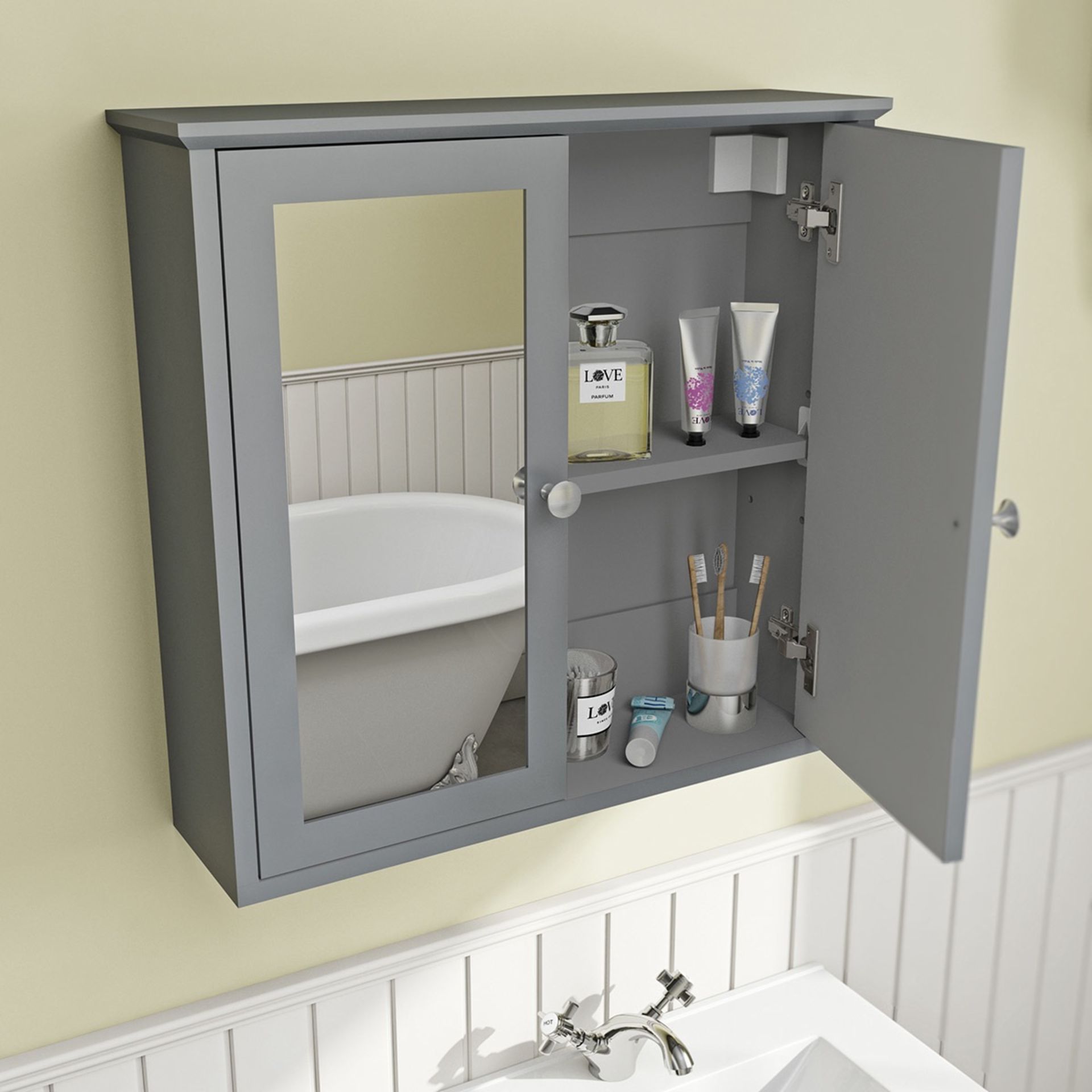 1 x Camberley Wall Hung Mirrored Bathroom Cabinet - H298xW620mm - Contemporary Dove Grey Finish - - Image 3 of 6