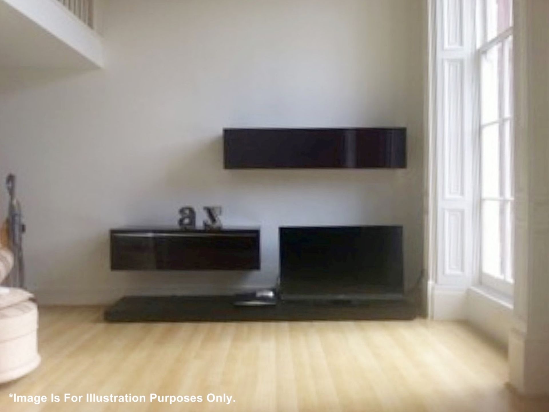 3-Piece Floating Wall Storage, Consisting Of 2 x Purple Gloss Cabinets And 1 x Large Wooden Shelf