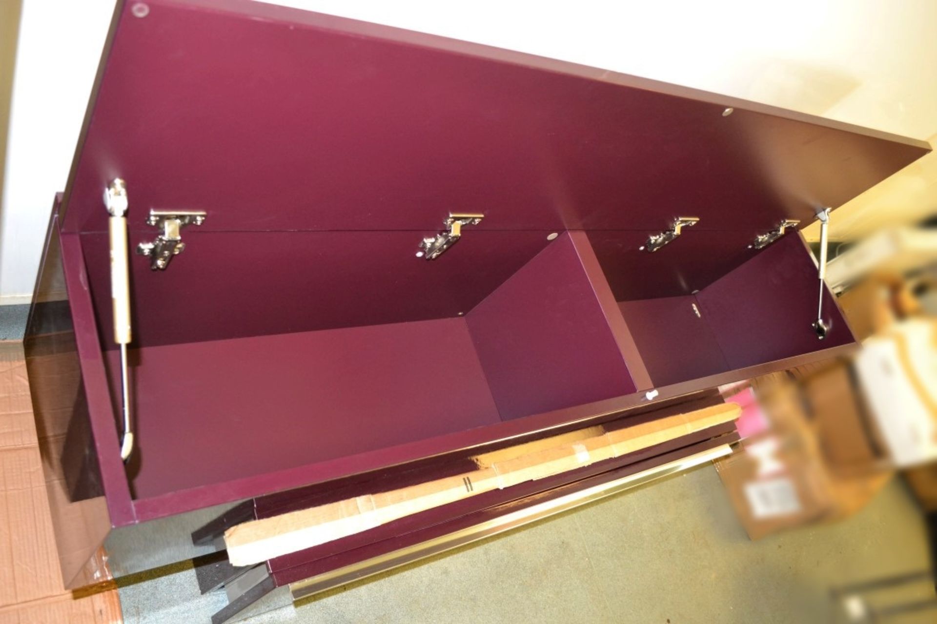 3-Piece Floating Wall Storage, Consisting Of 2 x Purple Gloss Cabinets And 1 x Large Wooden Shelf - Image 6 of 7