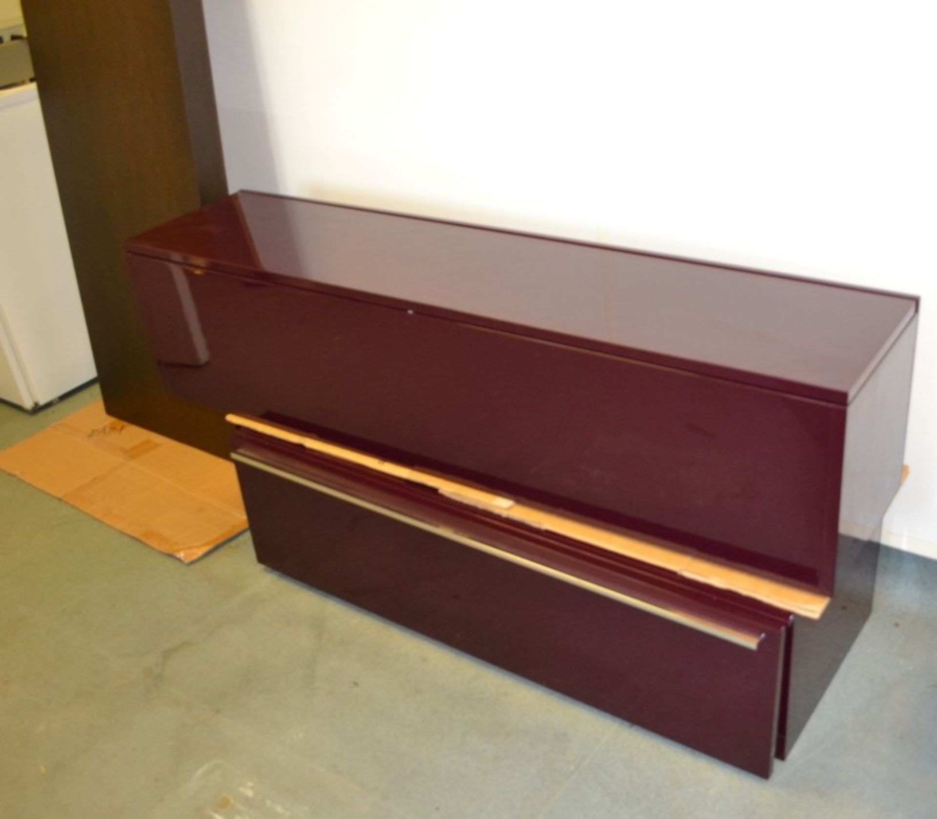 3-Piece Floating Wall Storage, Consisting Of 2 x Purple Gloss Cabinets And 1 x Large Wooden Shelf - Image 2 of 7