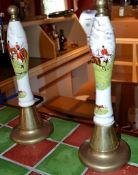 A Pair Of Ceramic / Brass Beer Pump Handles Decorated With Images Of Hunting - Preowned In Very Good