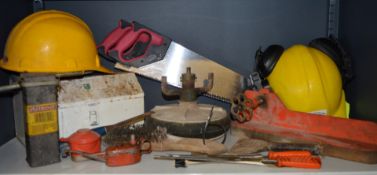 1 x Selection of Various Tools - Includes Saw, Hard Hats, Oil Can, Files, Tool Box With Lint