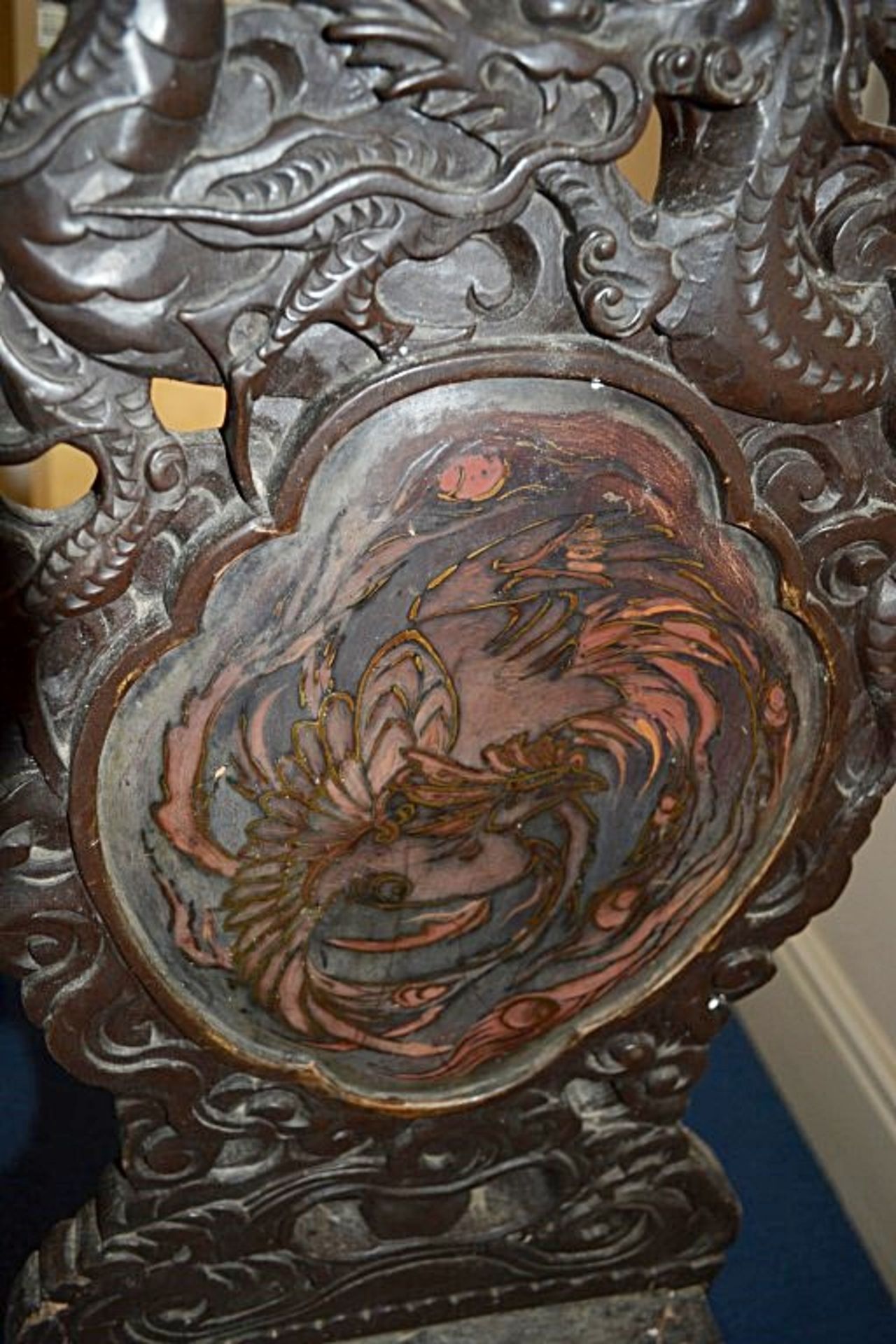 1 x Handcarved Antique Solid Wood Chinese Chair - Featuring Carved Dragons And Inlayed Design On - Image 2 of 6