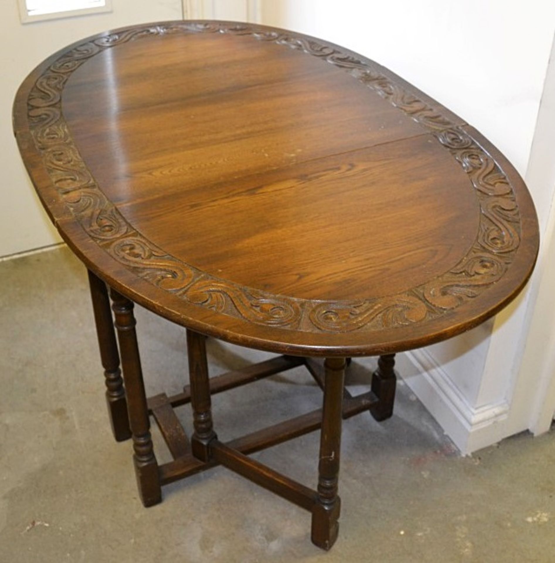 1 x Vintage Drop Leaf Solid Wood Table With Carved Floral Decoration - From A Grade II Listed Hall - Image 5 of 9