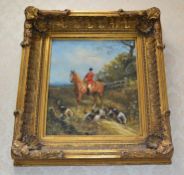 1 x Large Original Oil Painting On Canvas Of A Huntsman On Horseback In A Gilt Frame - Great Example