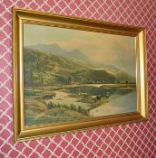 1 x Framed Art Print Of Cattle In Lake - From A Grade II Listed Hall In Good Condition - Dimensions: