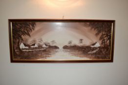 1 x Framed Oil On Canvas Painting, Depicting Houses By A River, In A Sepia Tone - Signed By the