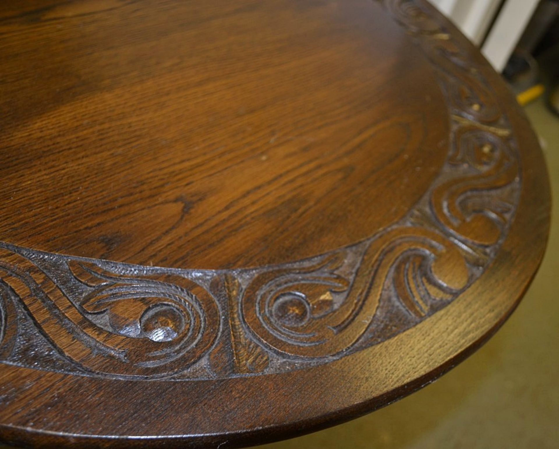 1 x Vintage Drop Leaf Solid Wood Table With Carved Floral Decoration - From A Grade II Listed Hall - Image 7 of 9