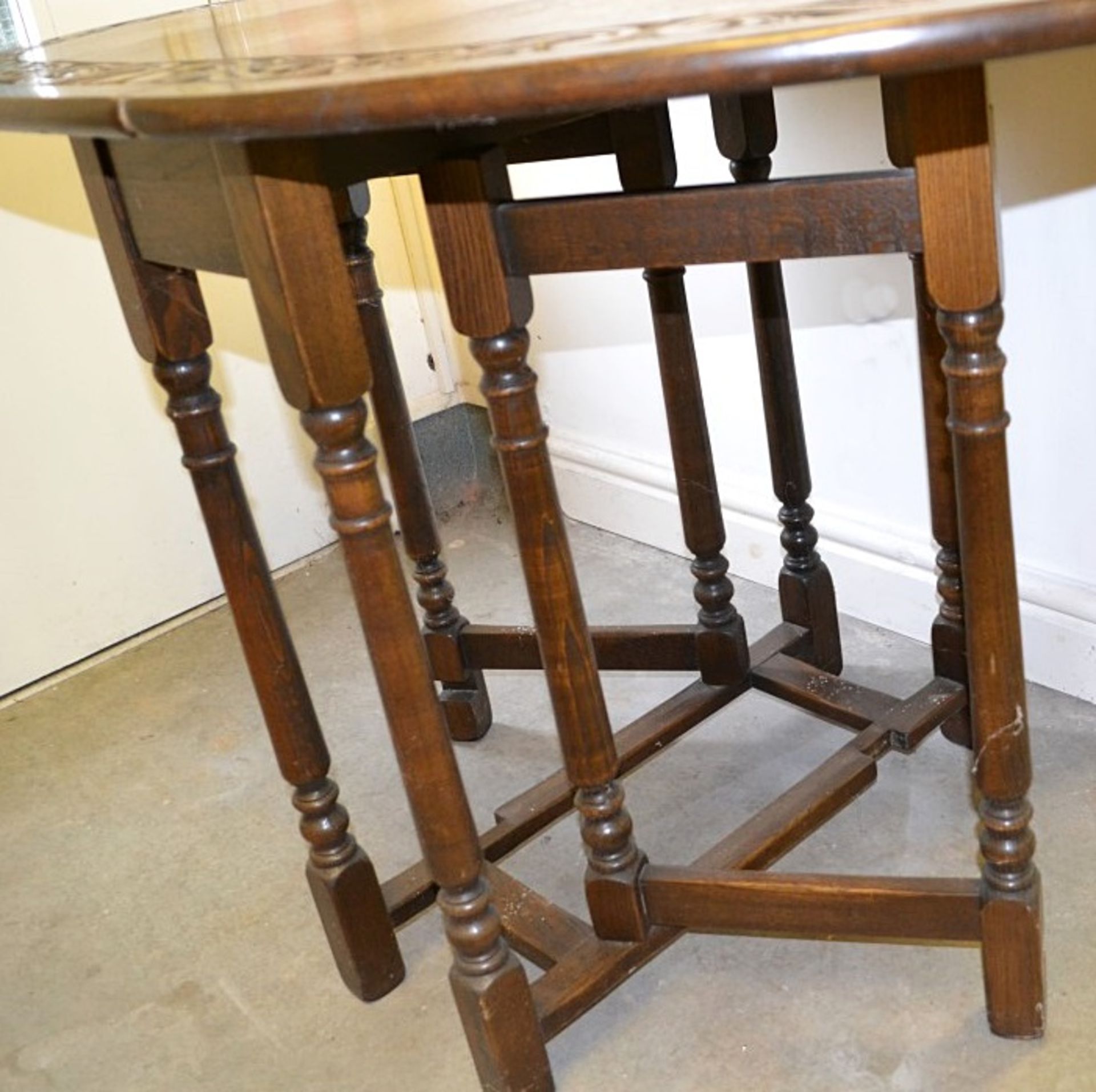 1 x Vintage Drop Leaf Solid Wood Table With Carved Floral Decoration - From A Grade II Listed Hall - Image 6 of 9