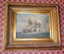 1 x Painting Depicting A Battle At Sea, In A Period Gilt Frame - Original Oil On Canvas - Signed