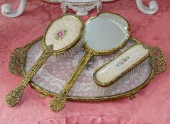 1 x Vintage 4-Piece Vanity Set With Brass Filigree Handles And Mounts - Circa 1950's - From A