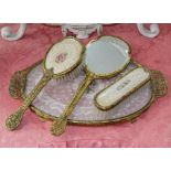 1 x Vintage 4-Piece Vanity Set With Brass Filigree Handles And Mounts - Circa 1950's - From A