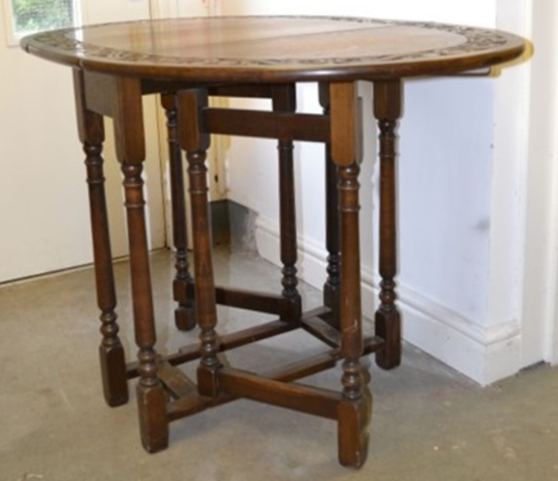 1 x Vintage Drop Leaf Solid Wood Table With Carved Floral Decoration - From A Grade II Listed Hall - Image 9 of 9