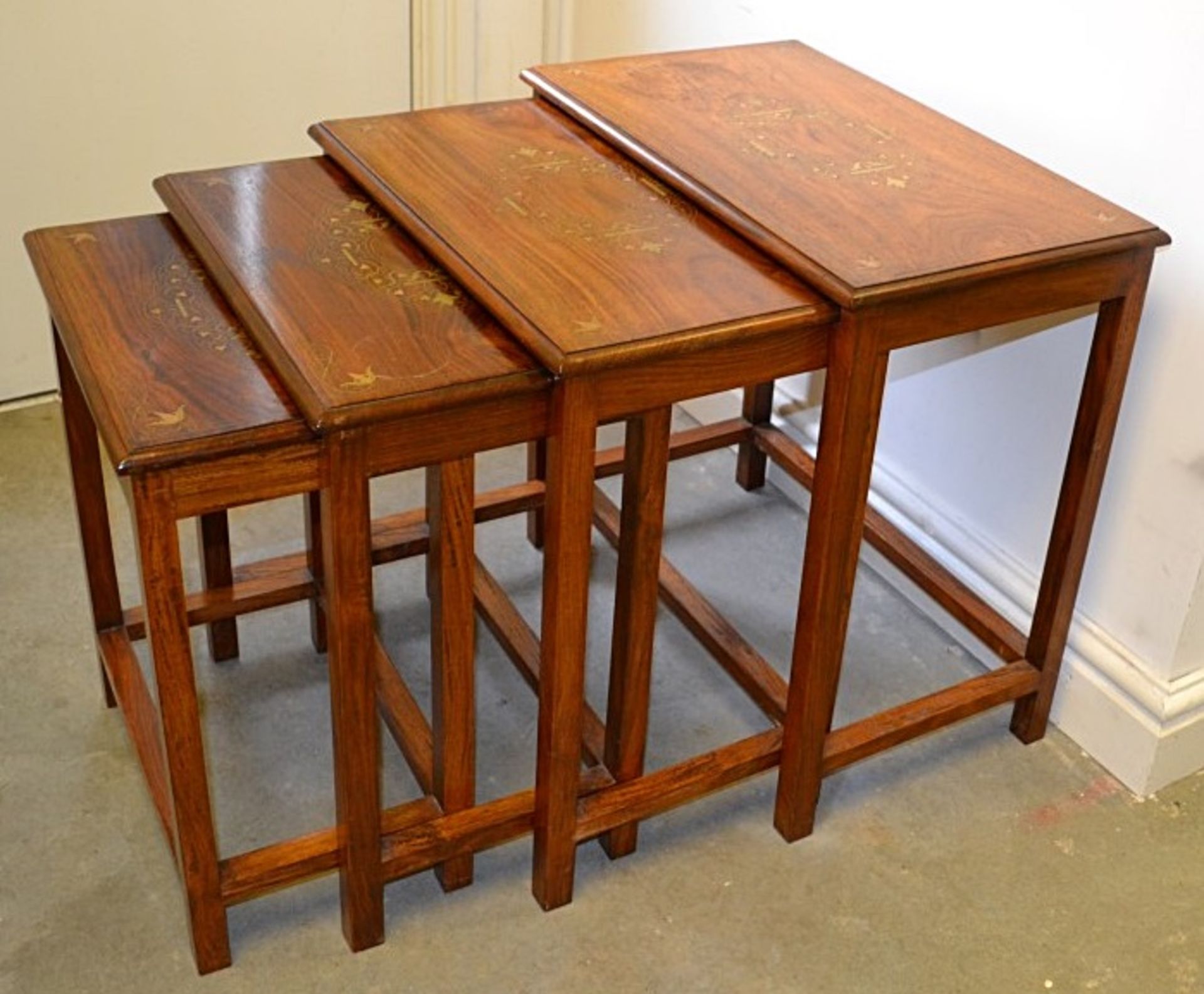 Nest Of 4 x Vintage Solid Mahogany Tables Featuring Attractive Brass Inlay - From A Grade II