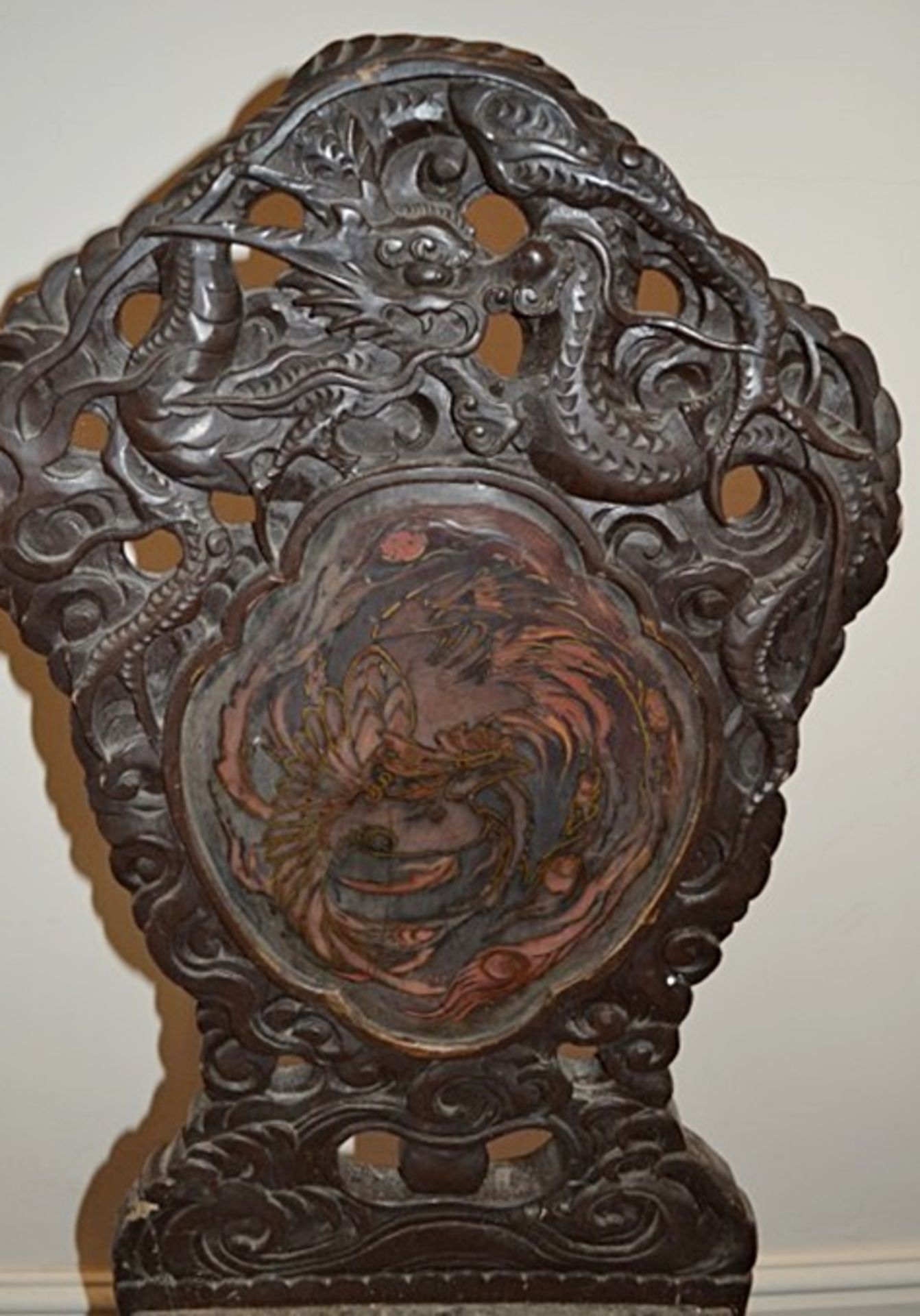 1 x Handcarved Antique Solid Wood Chinese Chair - Featuring Carved Dragons And Inlayed Design On - Image 5 of 6