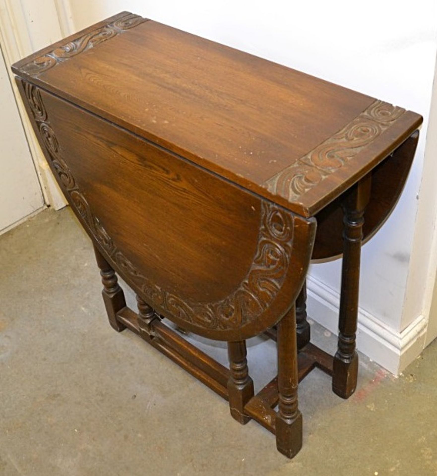 1 x Vintage Drop Leaf Solid Wood Table With Carved Floral Decoration - From A Grade II Listed Hall - Image 2 of 9