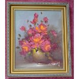 1 x Original Oil On Canvas Painting Depicting Roses In A Vase - Signed By C. Tombey - Framed /