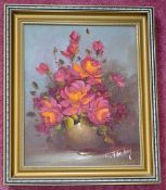 1 x Original Oil On Canvas Painting Depicting Roses In A Vase - Signed By C. Tombey - Framed /