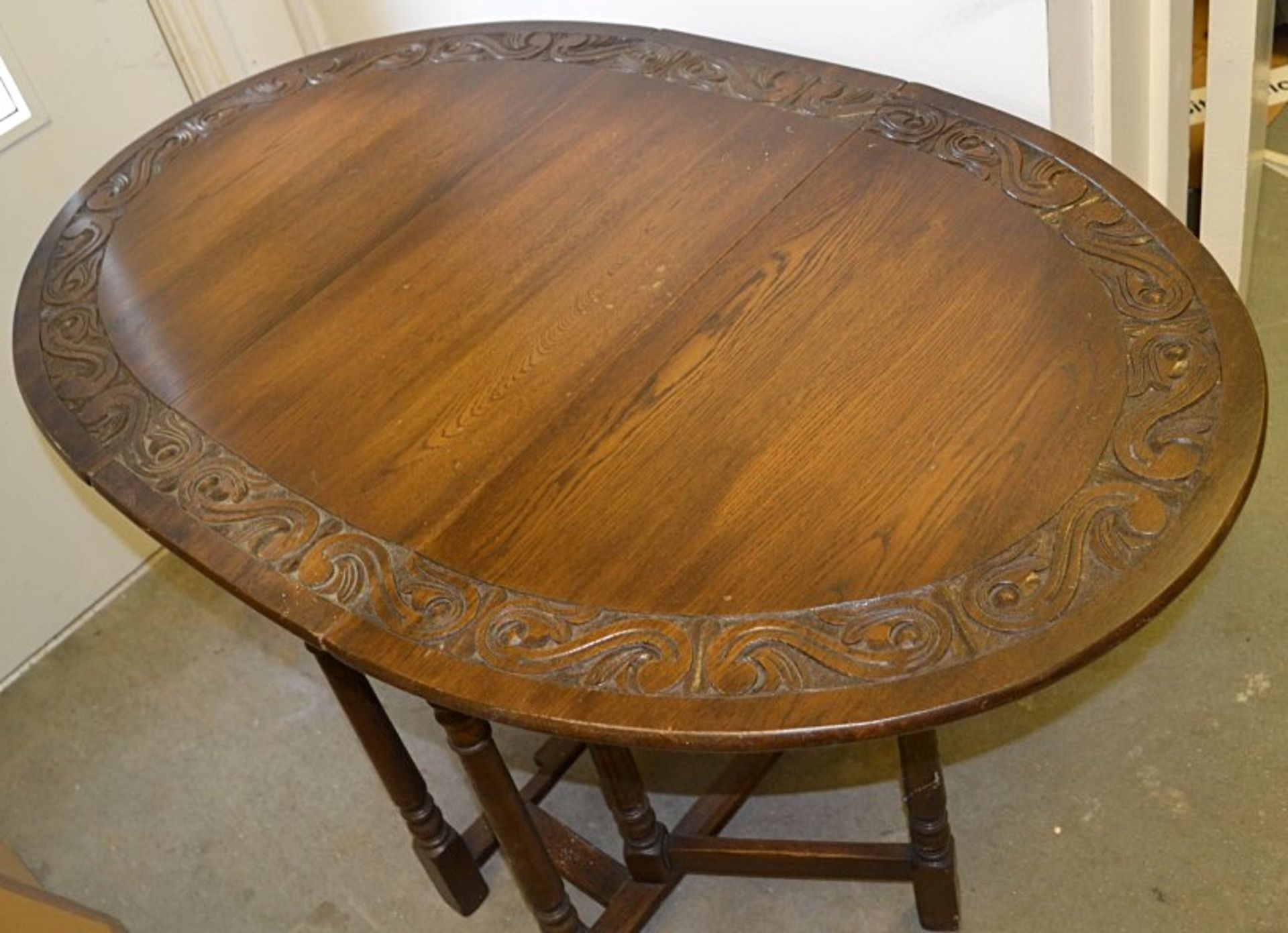 1 x Vintage Drop Leaf Solid Wood Table With Carved Floral Decoration - From A Grade II Listed Hall - Image 8 of 9